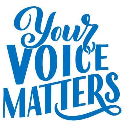 blue text "your voice matters" on white background