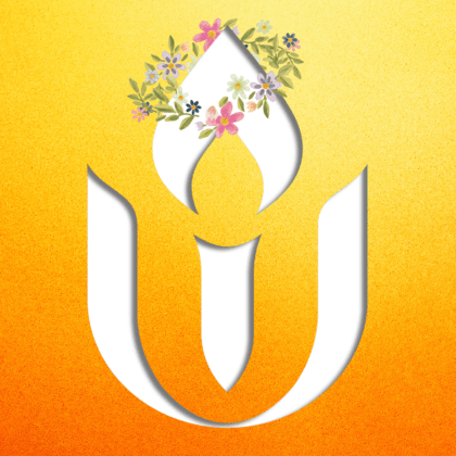White chalice with a flower garland on an orange an orange and yellow background